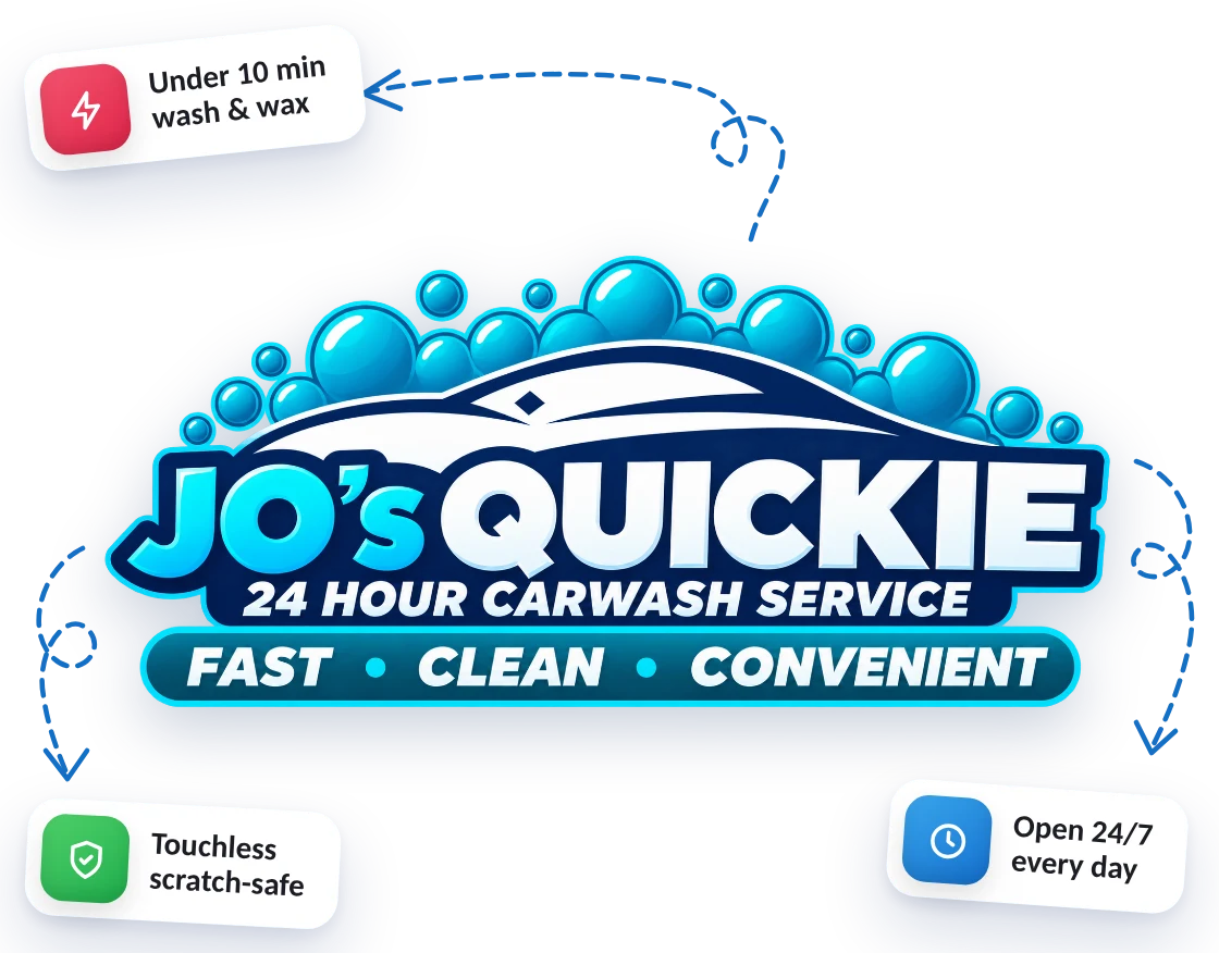 Jo's Quickie, 24 hour car wash service: under 10 minutes for a wash and wax, touchless and scratch-safe, open 24/7 every day